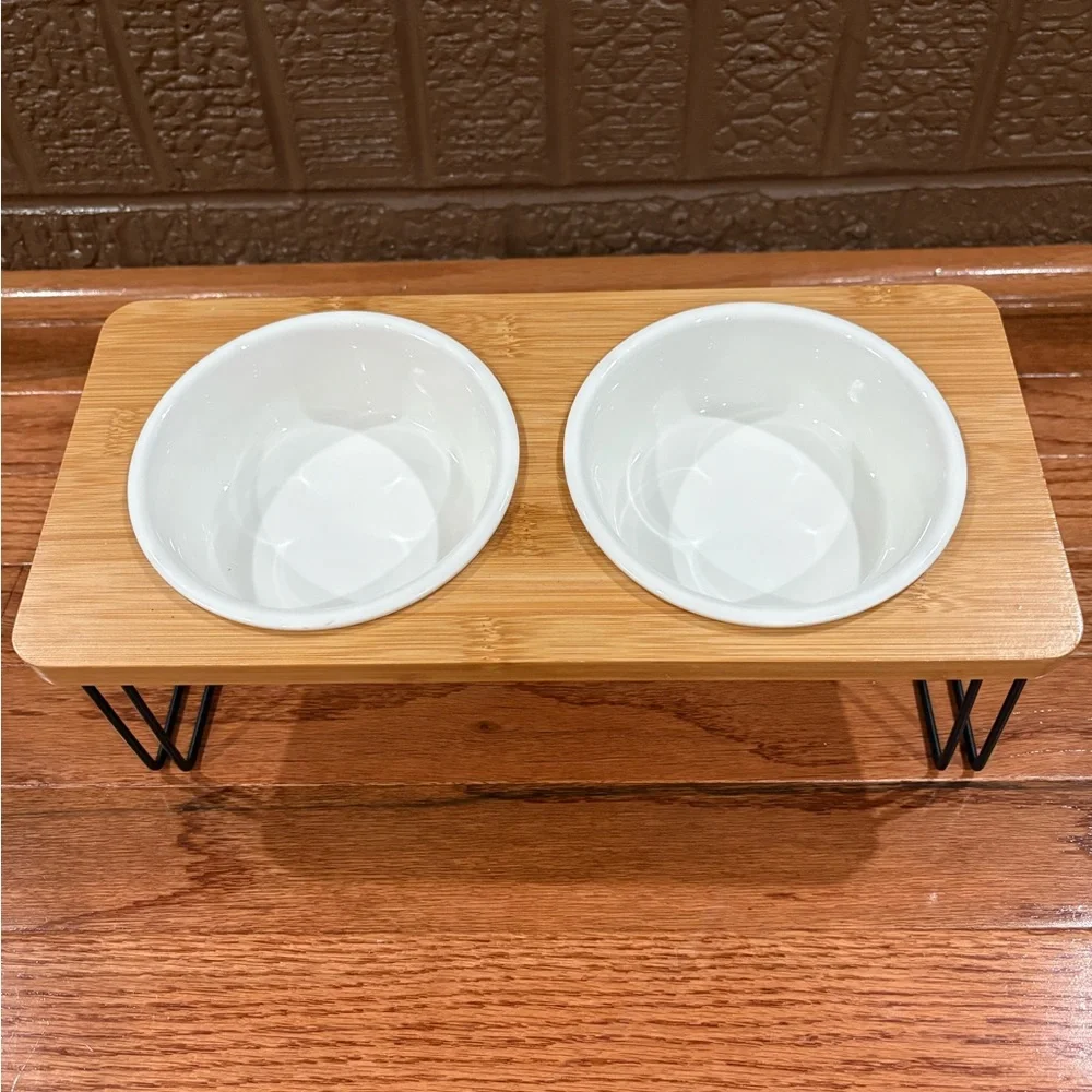 Wooden Pet Bowl Stand with White Bowls